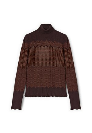 Maglione a collo alto lavorato a maglia marrone con motivo a zigzag in marrone scuro e arancione. Presenta una texture a coste e un bordo ondulato. Maniche lunghe.