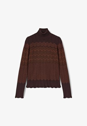 Brauner gestrickter Rollkragenpullover mit Zickzackmuster in dunklerem Braun und Orange. Verfügt über eine gerippte Textur und einen gewellten Saum. Lange Ärmel.