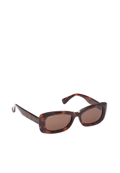 Rectangular tortoiseshell sunglasses with brown tinted lenses and a small gold accent on the bridge, shown angled on white background.