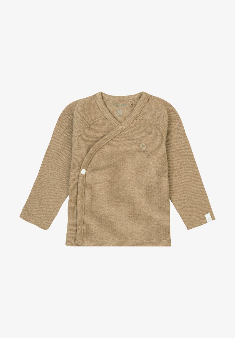 Beige strikket cardigan med omslagdesign, lange ærmer, ribbet tekstur og hvide trykknapper. Har et lille bladslogo på brystet.