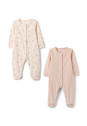Zwei langärmlige Babybodys, einer in Off-White mit kleinen Teddybärmotiven, der andere hellrosa mit winzigem Punktemuster, beide mit vorderer Druckknopfleiste.