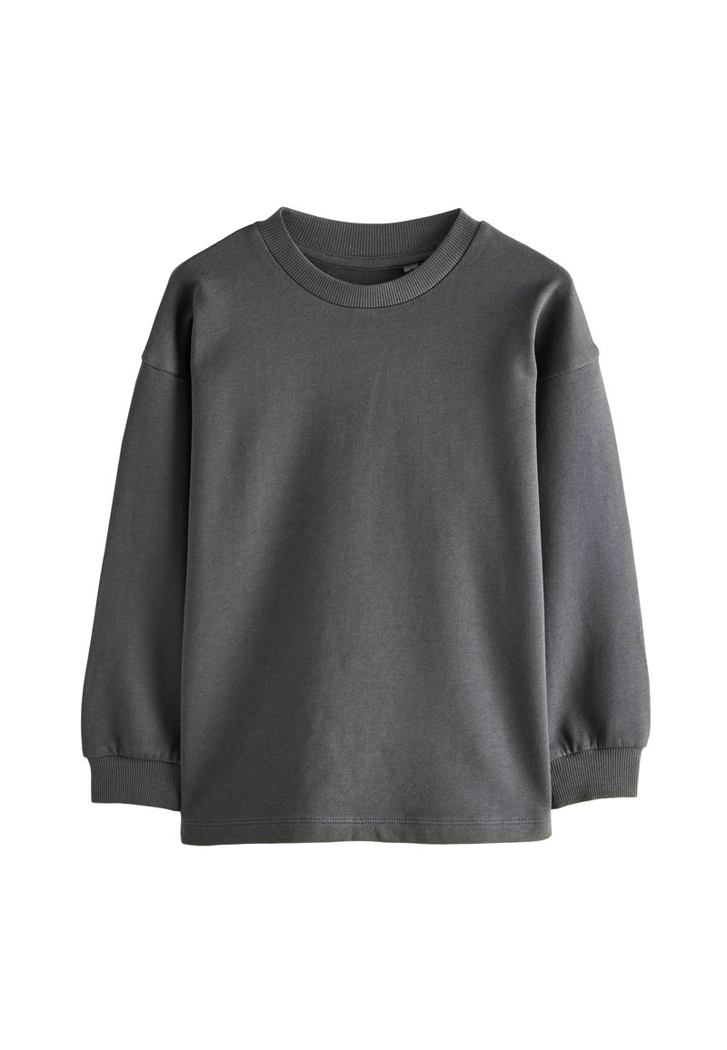 Grauer Langarm-Sweatshirt aus Baumwollmischung. Mit geripptem Rundhalsausschnitt und Bündchen. Weicher, glatter Stoff mit lockerer Passform.