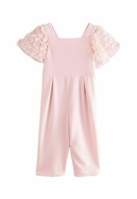 Roze stoffen romper met plooien, korte mouwen gevuld met bloemen, en verstelbare schouderbanden. Soepele textuur en casual ontwerp.