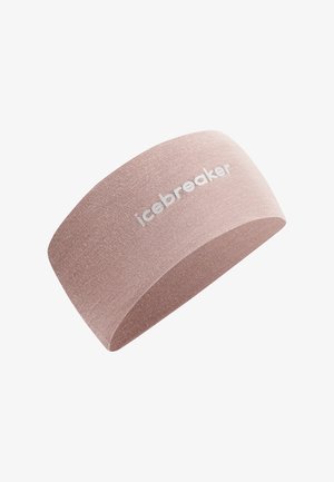Ampia fascia per capelli rosa chiaro, realizzata in tessuto elasticizzato. Presenta un logo bianco "icebreaker". Texture liscia con un aspetto uniforme.