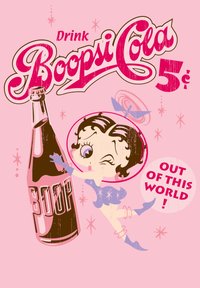 Illustratie van een retro frisdrankadvertentie met een donkere fles gelabeld "BOOP" naast een karakter in het blauw met een roze achtergrond, versierd met sterren.