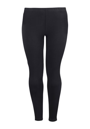 Black leggings made from stretchy material, featuring a high waistband and a smooth texture, designed for comfort and ease of movement.