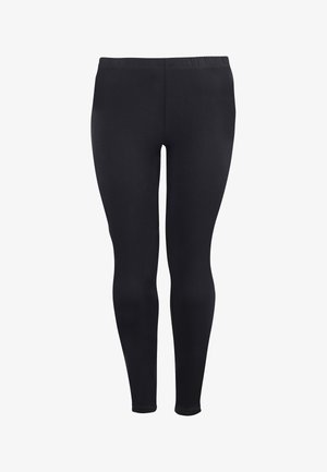 Schwarze Leggings aus elastischem Material, mit einem hohen Bund und einer glatten Textur, entworfen für Komfort und Bewegungsfreiheit.