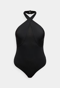 Melnas halter-vīles peldkostīms ar krustveida dizainu, izgatavots no gludas, elastīgas materiāla. Tam ir āķa aizdare ap kaklu un bezšuvju malas.