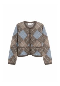 Argyle-mønstret cardigan i brune og blå nuancer, lavet af tekstureret stof, med rund halsudskæring, fem knapper og frontlommer.