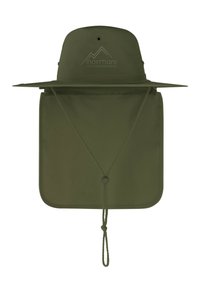 Olivenfarbener Outdoor-Hut mit breiter Krempe und verstellbarem Kinnriemen, mit einem auf der Vorderseite geprägten Logo, hergestellt aus leichtem Material.