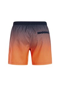 Kraťasy z lehké látky, s oranžovo-černým přechodem, geometrickým vzorem trojúhelníků, elastickým pasem a zadní kapsou.