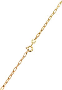 Gold-toned metal chain bracelet with oval links, featuring a lobster clasp and an engraved tag, smooth surface, and shiny finish.
