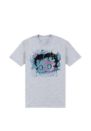 Grå bomuld T-shirt med et grafisk print af et stiliseret ansigt, prydet med blå, pink og sorte splatter accenter samt cirkler omkring øjnene.