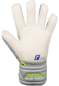 Gant de gardien de but avec une paume en latex blanc, un corps texturé gris, des doigts flexibles et un accent vert avec le logo "ATRAXT" sur le poignet.