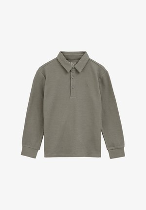 Cămașă polo cu mânecă lungă în culoarea verde măsliniu, fabricată dintr-un material texturat. Prezintă un guler clasic, o plachetă cu trei butoane și un logo brodat.