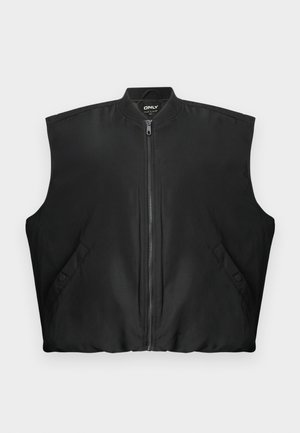 Black sleeveless zip-up vest with ribbed collar and two front pockets with snap buttons, laid flat on a white background.
