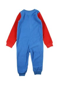 Grenouillère en polaire bleue et rouge à manches longues, col rond et poignets côtelés, arborant un design uni sans motifs supplémentaires.