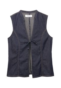 Gilet en denim bleu foncé, avec une fermeture à nouer à l'avant, sans manches, encolure arrondie et détails de surpiqûre contrastants.