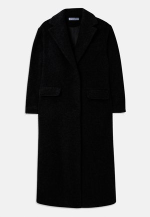Manteau long en mélange de laine noire avec col à revers, deux poches plaquées à l'avant, manches longues et une poche poitrine passepoilée, déboutonné.