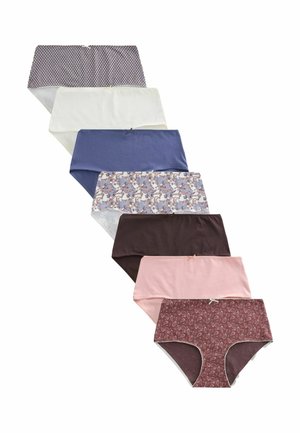 Sieben Paar Damen-Slips mit hoher Taille in verschiedenen einfarbigen und gemusterten Designs, angeordnet in einer versetzten vertikalen Reihe.