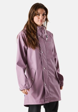 Helllila wasserdichte Regenjacke mit Kapuze, Druckknöpfen, verstellbarem Kordelzug und Seitentaschen. Glatte Verarbeitung, lockere Passform.