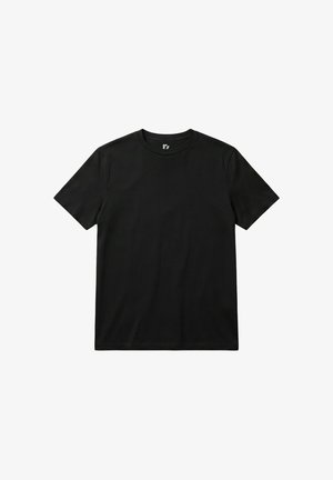 Prosty czarny t-shirt z krótkim rękawem i okrągłym dekoltem, rozłożony na płasko na białym tle, bez widocznych logo czy wzorów.
