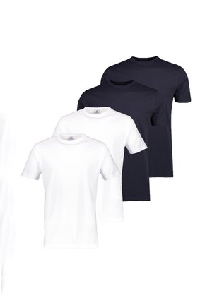 Dwie gładkie białe i dwie gładkie czarne koszulki z krótkim rękawem i okrągłym dekoltem, ułożone obok siebie na białym tle.