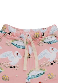 Pink patterned joggers feature a design of swans near water and flowers, with a soft texture and an elastic waistband with a drawstring.
