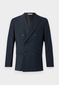 Blazer navy à double boutonnage en tissu texturé, avec un large col, quatre boutons bleus et deux poches avant avec un motif à carreaux discret.