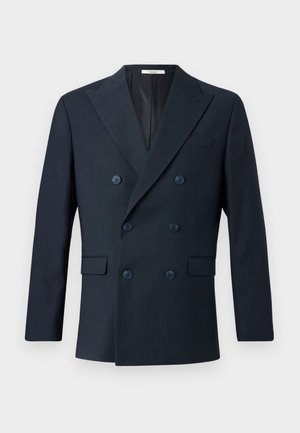 Marineblå, dobbeltradet blazer i teksturert stoff, med brede revers, fire blå knapper, og to frontlommer med et subtilt rutemønster.