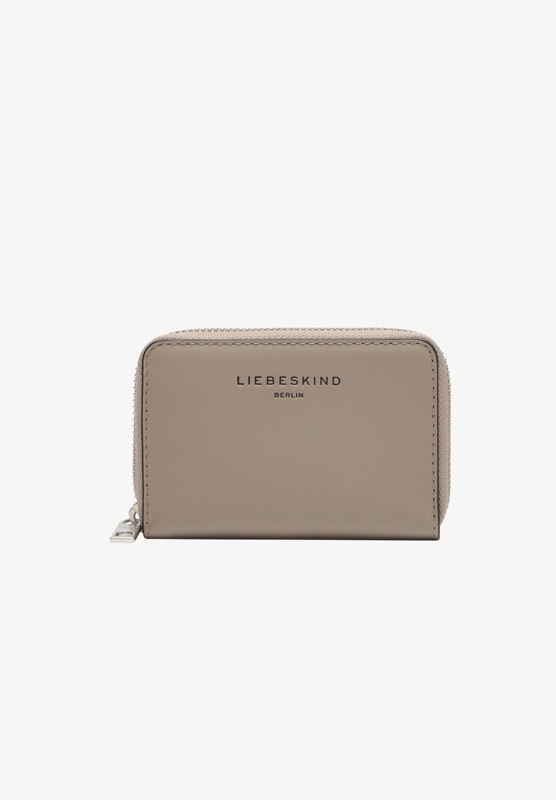 Compact beige wallet made of smooth leather, featuring a zip closure and embossed logo. Square shape with tonal stitching and silver hardware.