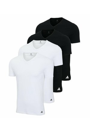 Quattro t-shirt: due nere e due bianche, con scollo a v, maniche corte e dettagli con logo sul lato inferiore. Materiale in cotone.
