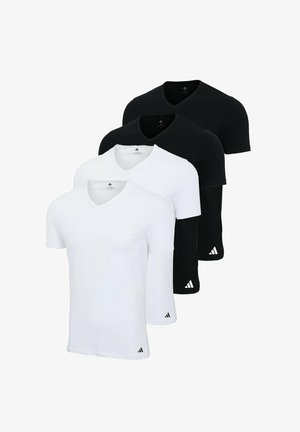 Four t-shirts: two black and two white, featuring v-neck designs, short sleeves, and logo accents on the lower side. Cotton material.
