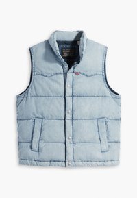 Gilet imbottito in denim azzurro chiaro con colletto alto, chiusura frontale a clip, due tasche laterali e motivo trapuntato orizzontale.