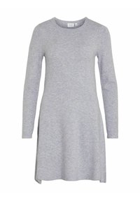 Robe grise à manches longues avec un col rond, une texture douce et une silhouette légèrement évasée, dotée de fentes latérales à l'ourlet.