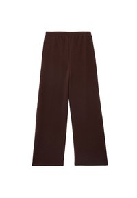 Bruine wijde broek gemaakt van zachte stof, met een elastische tailleband en een eenvoudig ontwerp zonder zichtbare zakken of versieringen.