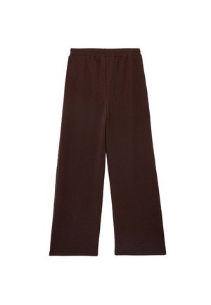 Brown wide-leg trousers made from soft fabric, featuring an elastic waistband and a simple design with no visible pockets or embellishments.