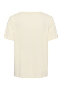 T-shirt à manches courtes de couleur écrue unie, vue de dos, avec un col rond et une coupe décontractée, sur un fond blanc.