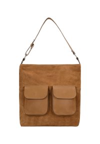 Tasje van tan suede met twee voorvakjes, leren accenten, verstelbare schouderband en een zachte textuur. Minimalistisch ontwerp met strakke lijnen.
