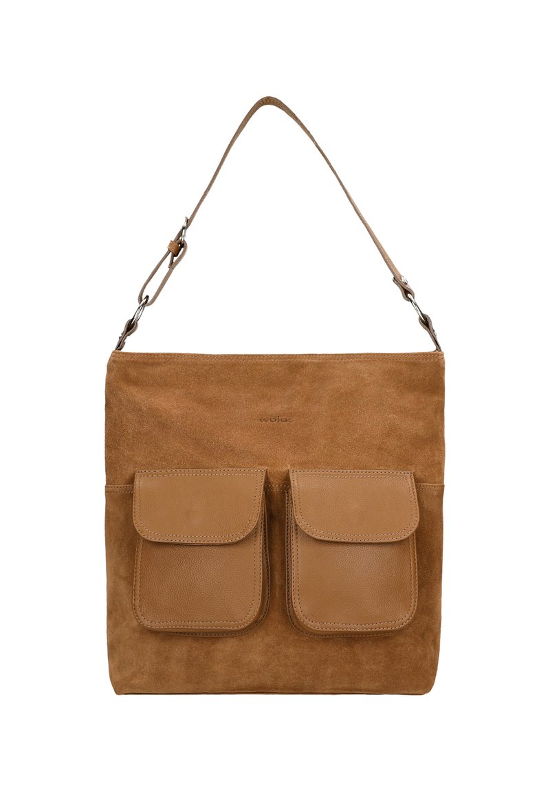Tasje van tan suede met twee voorvakjes, leren accenten, verstelbare schouderband en een zachte textuur. Minimalistisch ontwerp met strakke lijnen.