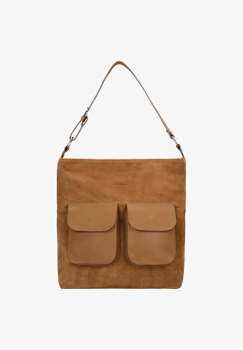 Tasje van tan suede met twee voorvakjes, leren accenten, verstelbare schouderband en een zachte textuur. Minimalistisch ontwerp met strakke lijnen.