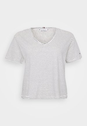 Striped short-sleeve T-shirt with a V-neck. Made of lightweight cotton, featuring horizontal black and white stripes and a relaxed fit.