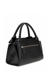 Sac à main en cuir noir avec une forme structurée, double poignées, poche avant zippée et accents en métal argenté. Texturé lisse.