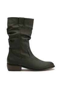 Dark green faux leather knee-high boot with a slouched design, side stitching details, and a low stacked heel.