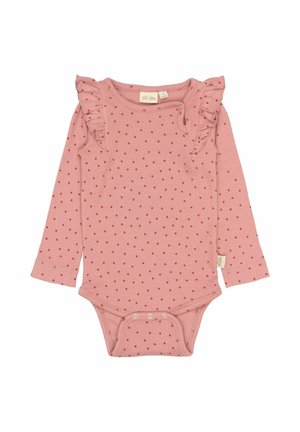 Hosszú ujjú rózsaszín body vörös szív mintázattal, bordás textúrával és fodros részletekkel a vállnál. Patentos záródás az alján.