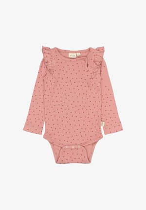 Body a maniche lunghe di colore rosa con motivo a cuori rossi, texture a costine e dettagli arricciati sulle spalle. Chiusura a pressione sul fondo.