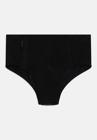 Slip in cotone nero con una texture liscia, design a vita alta e dettagli di cucitura laterale. Stile semplice e minimalista senza motivi o accenti.