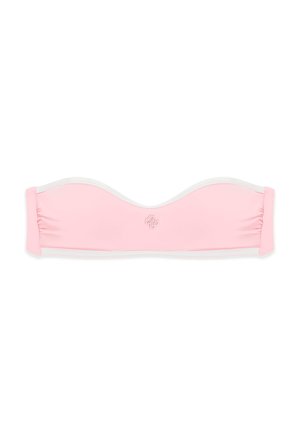 Haut de bikini bandeau rose clair avec des fronces discrètes sur les côtés et un petit logo centré brodé sur le devant.