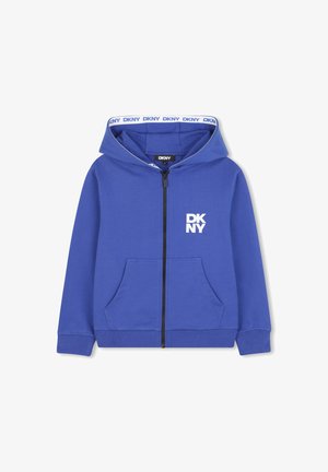 Blauwe rits-v sweatshirt van zachte stof, met een voorlogo, twee zijzakken en een capuchon met contrasterende logo-rand.