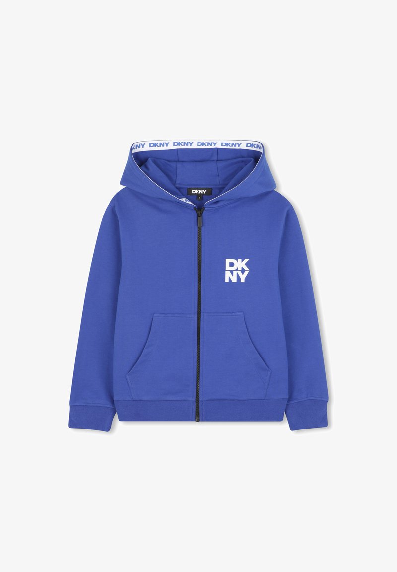 Blauwe rits-v sweatshirt van zachte stof, met een voorlogo, twee zijzakken en een capuchon met contrasterende logo-rand.